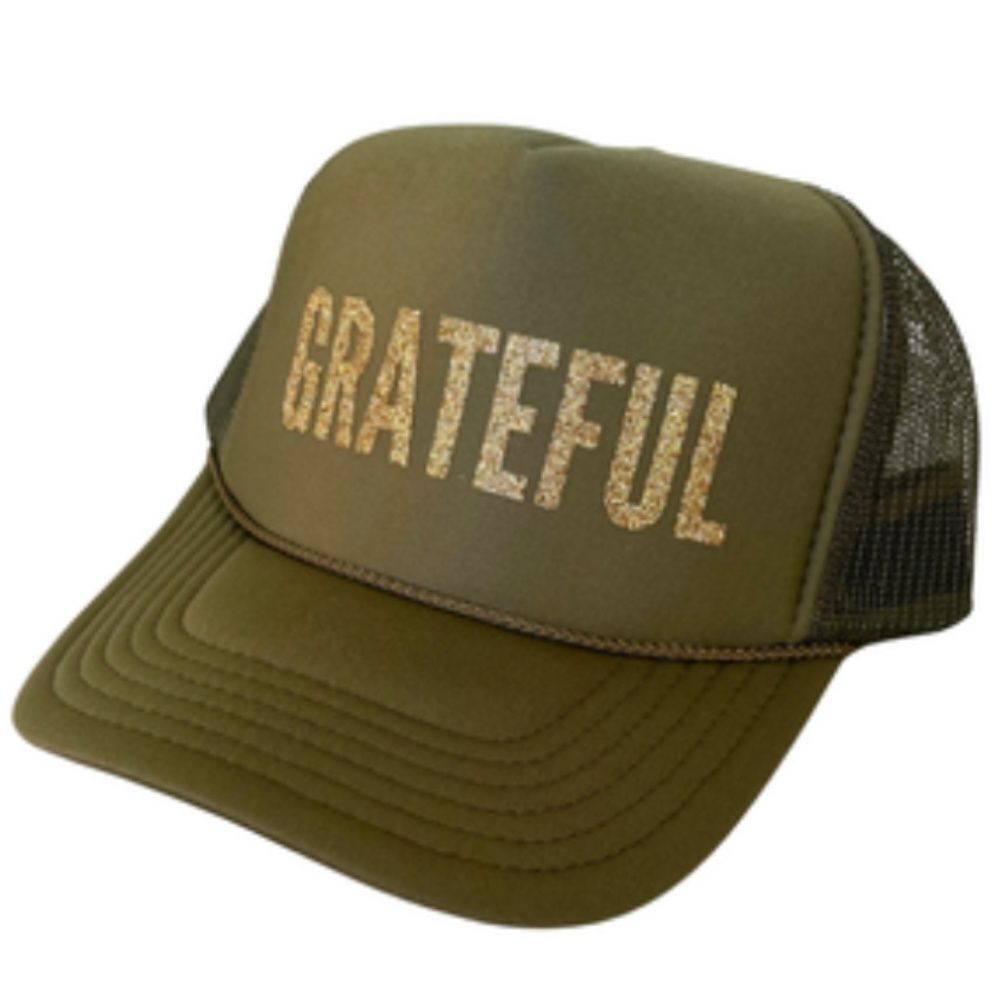 Olive Green Trucker Hat Gold Glitter Grateful - BRAND NEW Tags - Mesh Back